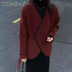 TWOTWINSTYLE Solid Temperament Coats For Women V Neck Long Sleeve Patchwork Button Minimalist Coat Female Fashion New Clothes