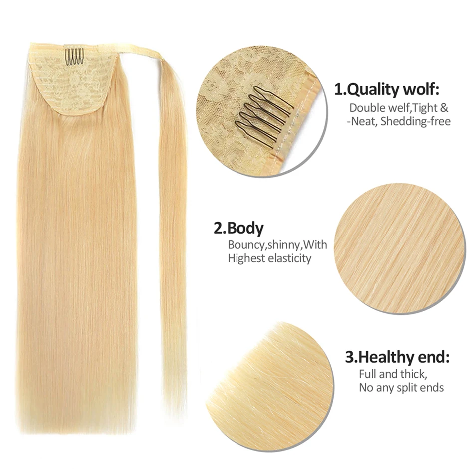 Doczepiany kucyk z ludzkich włosów na klips dla czarnoskórych kobiet, owijany kucyk, proste brazylijskie włosy 100% Remy, blond kolor pianina.