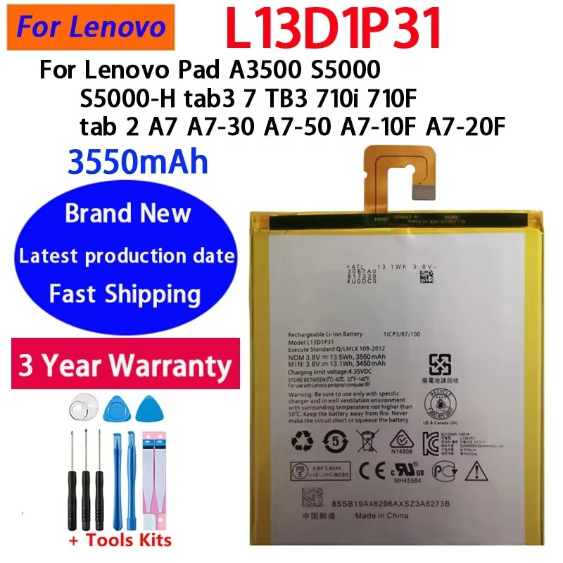NEW 3550mAh For Lenovo Pad A3500 S5000 S5000-H tab3 7 TB3 710i 710F tab 2 A7 A7-30 A7-10F A7-20F L13D1P31 Battery+Tools