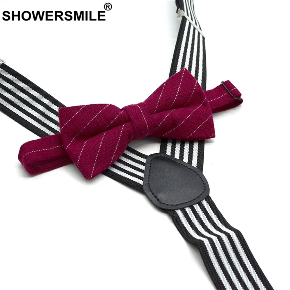 SHOWERSMILE Black White Striped Bow Tie Suspenders Set Men Braces for Trousers British Fashion Male Shirt Suspender 3.5cm Wide