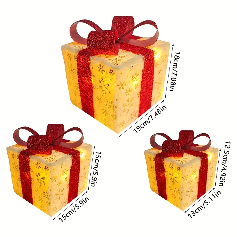 3Pcs/Set PVC Christmas Gift Box Set Luminous Folding Christmas Lighting Box with Bow Ribbon Christmas Glowing Decoration Outdoor
