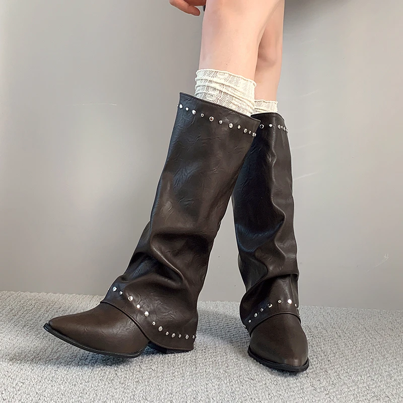 Pointed Toe Rivet Wide Calf Long Boots Women Ruched Slip On Block Heel Vintage Western Knee High Boots Ladies Fashion Footwear
