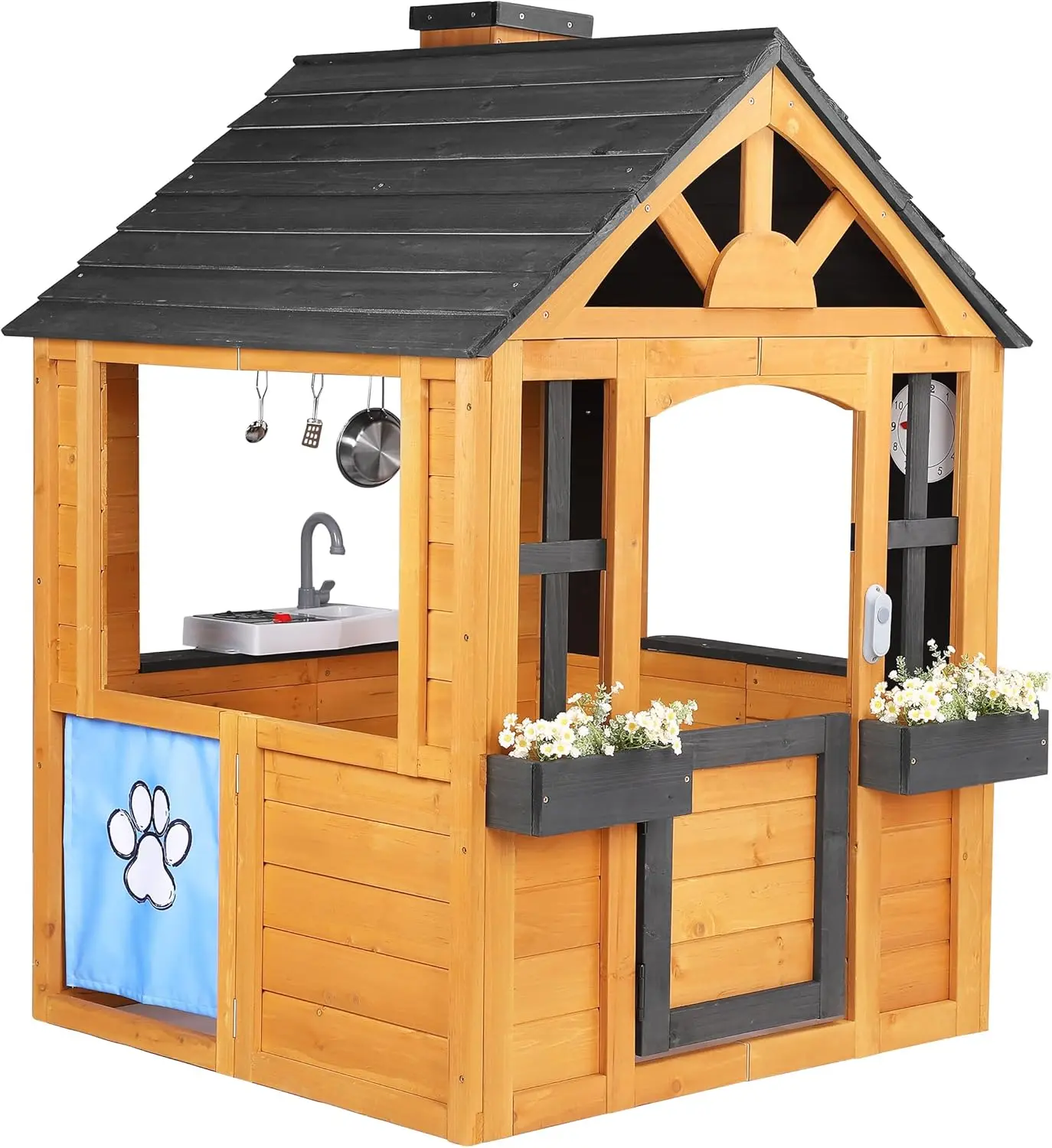 Playhouse infantil ao ar livre, casinha de madeira com cozinha, pia, fogão, panelas, janelas, suportes para vasos de flores, porta para animais de estimação, burlywood