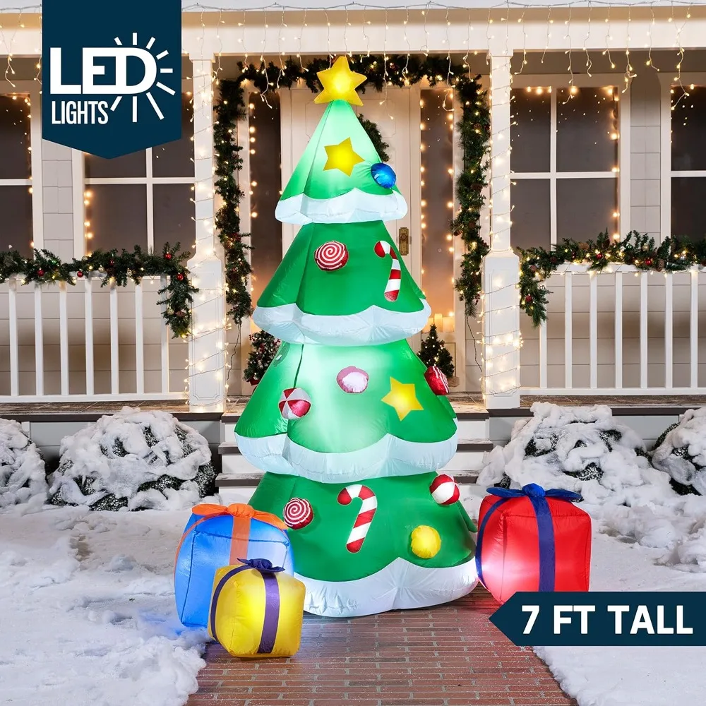 7-foot Christmas Tree Inflatable Outdoor Decoration, Giant Christmas Inflatable Tree with 3 Gift Boxes and Built-in LED