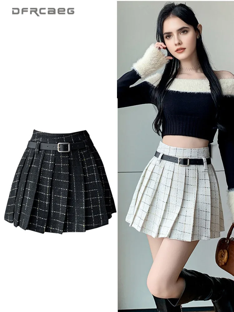 

Женская плиссированная юбка в клетку в корейском стиле с поясом, утепленный твид с высокой талией, офисные шикарные короткие юбки для женщин