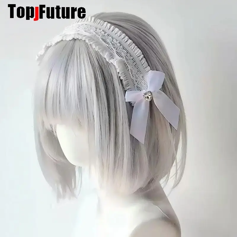 Black White Lace Headband Vintage Ribbon Bow Rhinestone Lolita Maid Gothic Girl Hair Accessories Y2K Harajuku Subculture Kawaii view 6