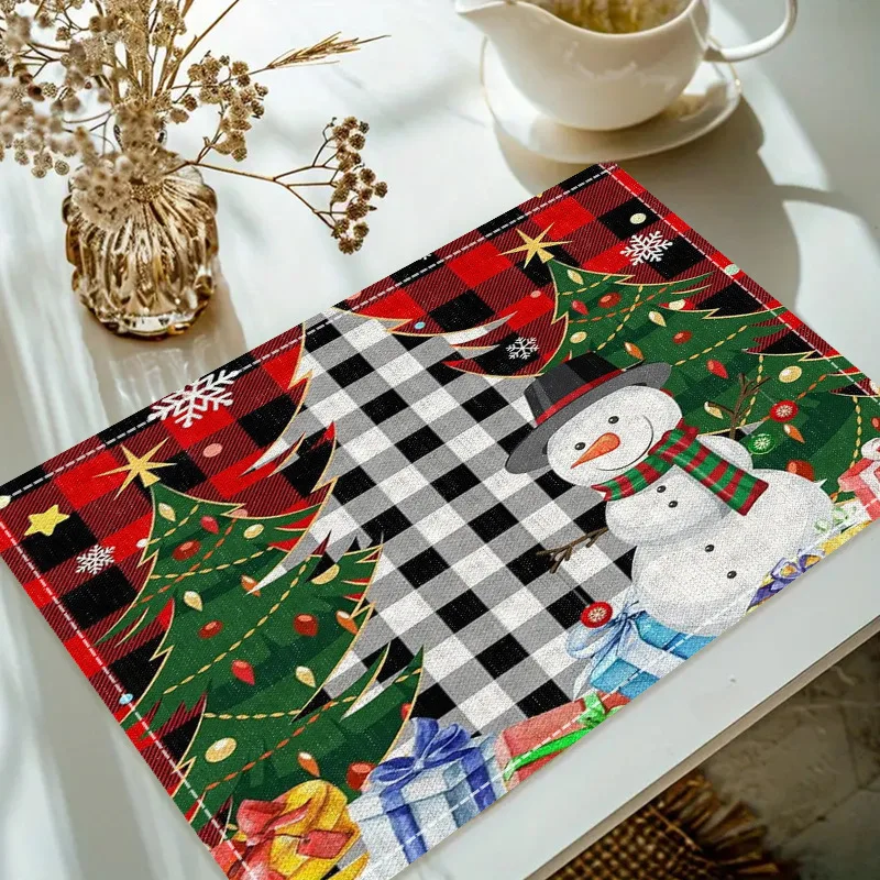 Weihnachts-Leinen-Tischset, Tisch- und Kaffeematte, Weihnachtsmann, Schneemann, goldene Schneeflocke, rot, schwarz, kariert, Baum, Geschenkbox, dekorative Untersetzer