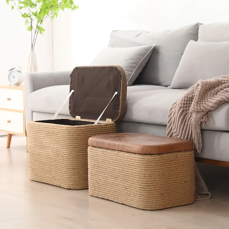 Solid Wood Hemp Rope Storage Stool Square Ottoman for Living Room Shoe Changing Bench Sofa Footrest Seat with Hidden Sorting