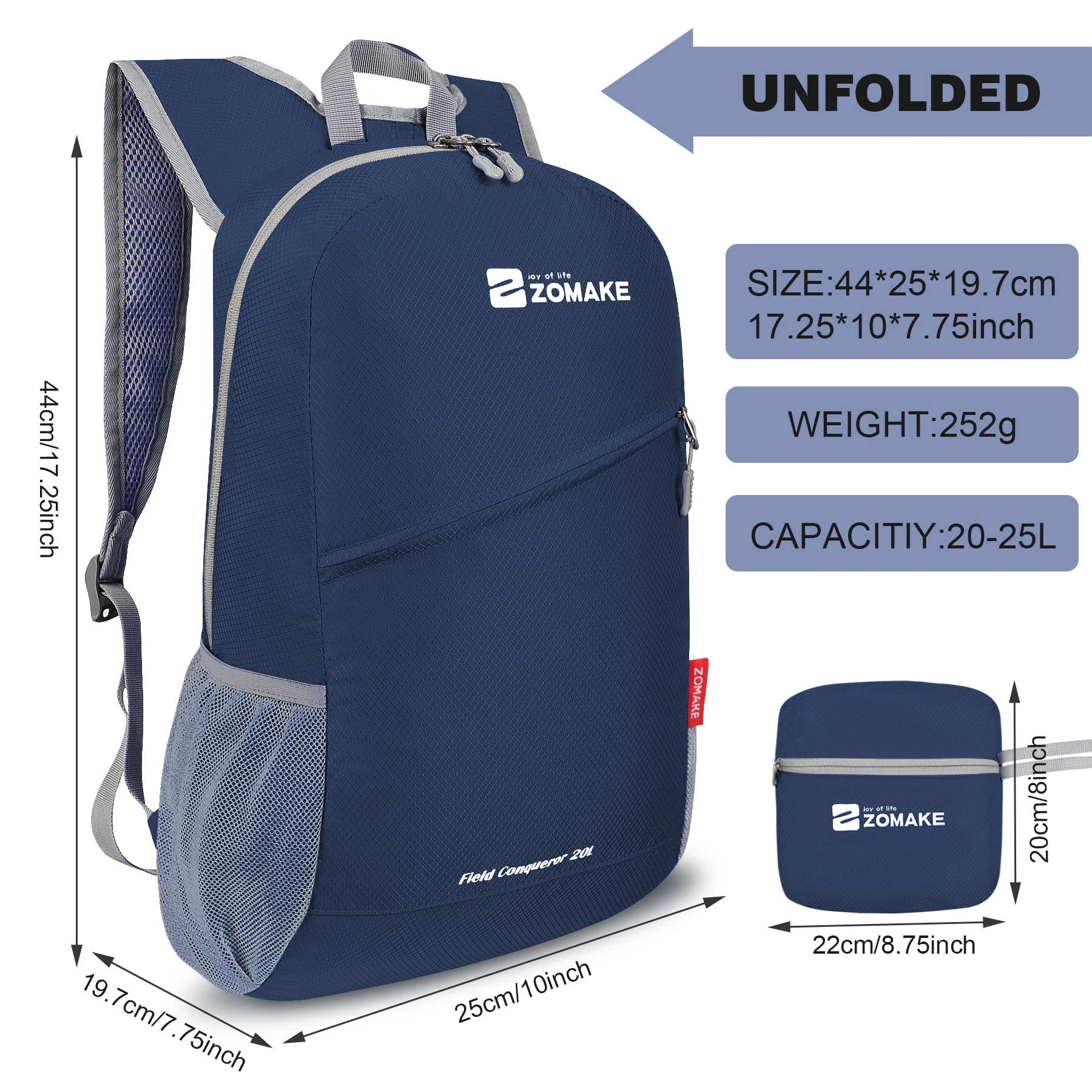 ZOMAKE 20L Portable Foldable Waterproof Backpack Mountaineering Bag Ultralight Travel Knapsack Hiking Leisure Unisex Backpack