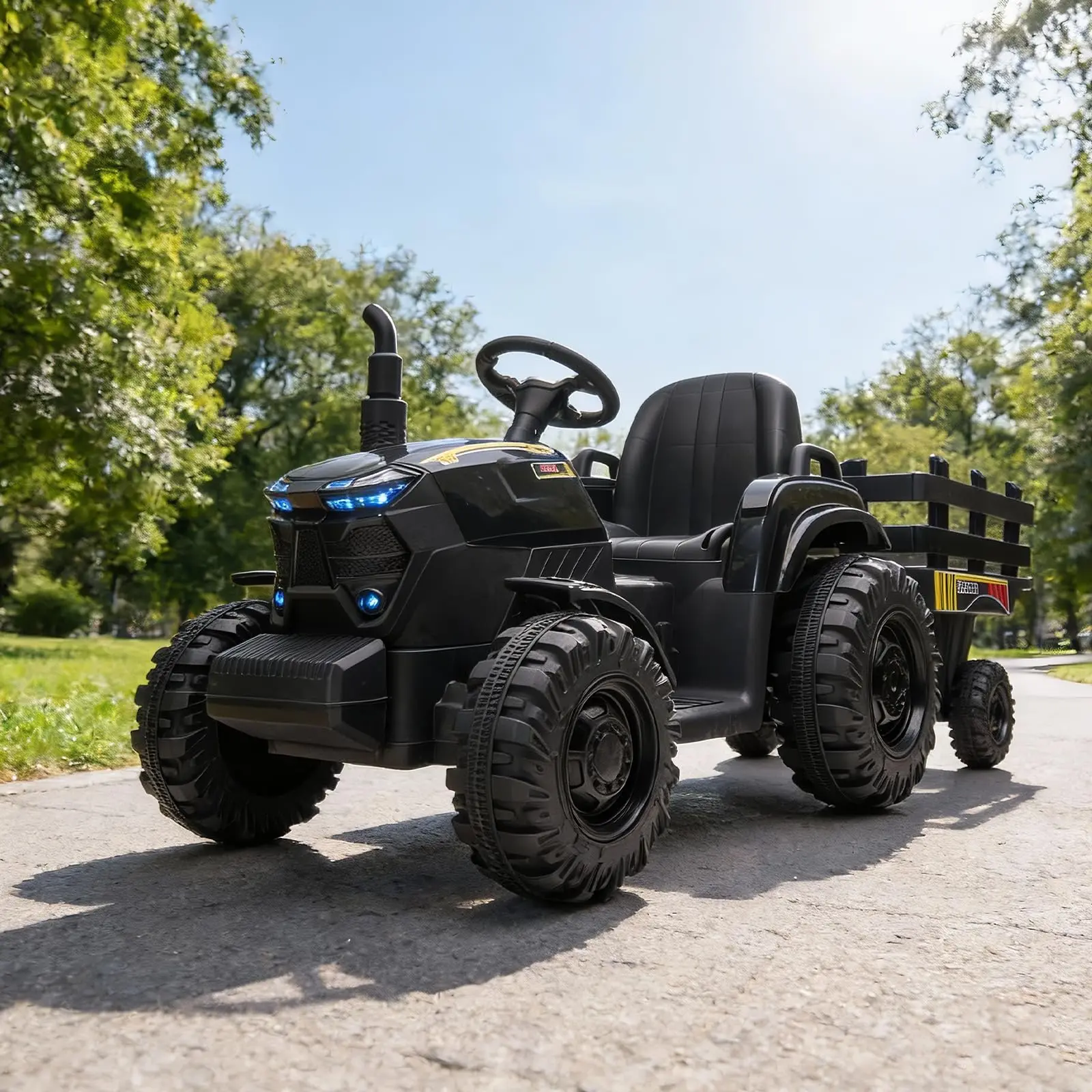 12V Kids Ride On Tractor With Trailer, Dual 35W Motors, 3 Speed Electric Farm Truck, LED Lights, Music, USB, Outdoor, Ages 3-6