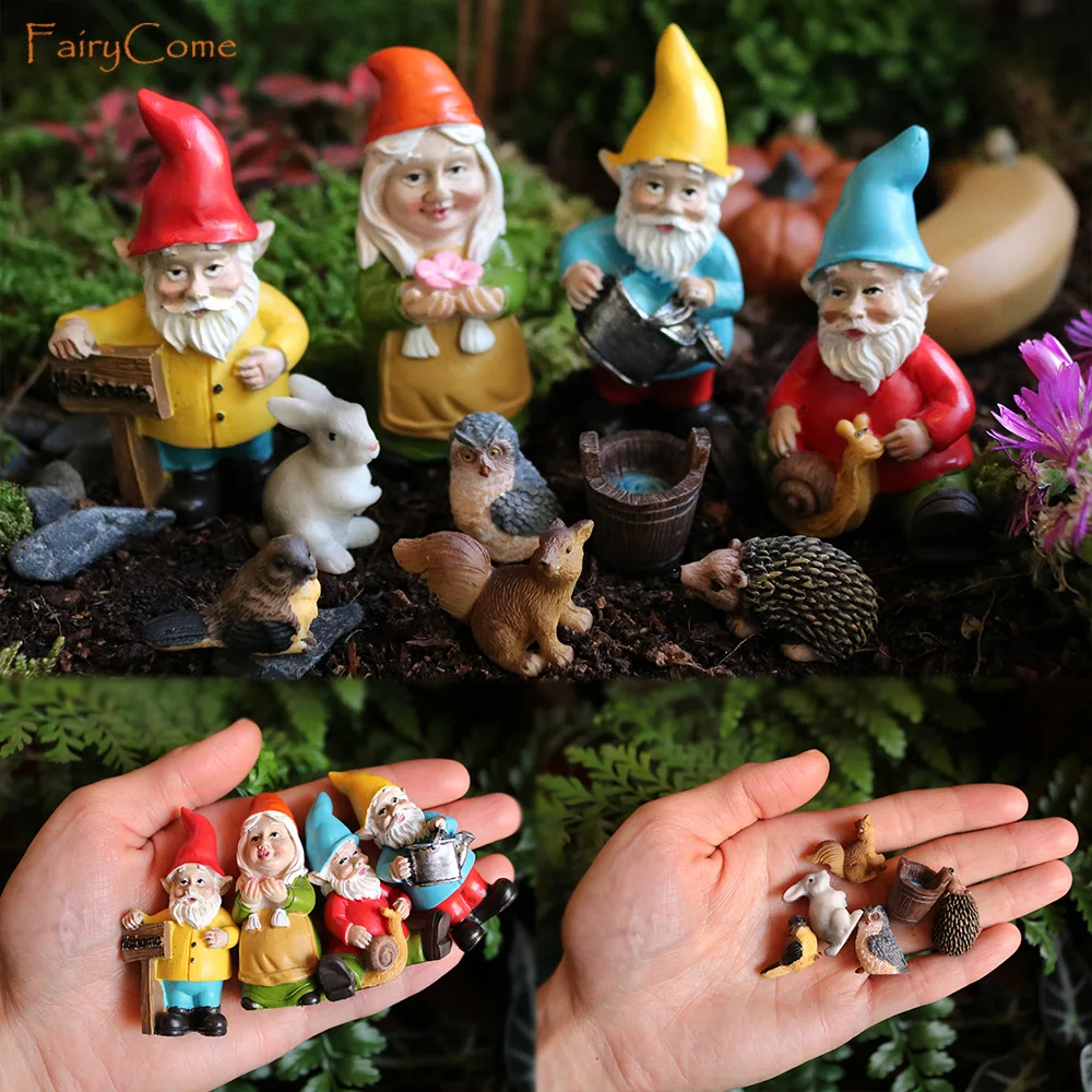 Juego de figuritas de gnomos de jardín de hadas en miniatura, animales de resina, Mini decoraciones pequeñas y divertidas para enanos, estatuas, adornos de colección para interiores