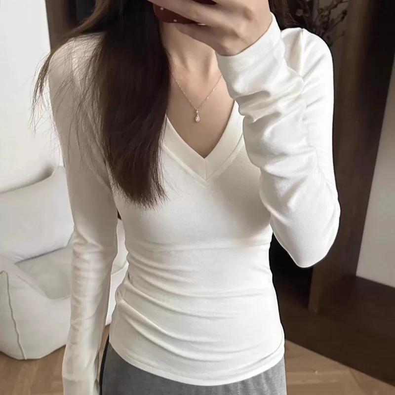 V-neck Long-sleeved T-shirt Women  Autumn Winter Fluffy White Inner Layer  Thick Base Layer Warm Slimming Makes One Look Slimmer