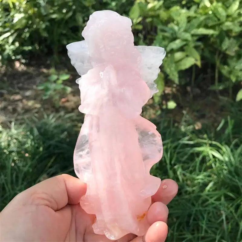 

14.7CM Natural Rose Quartz Angel Carving Figurine Healing Stone Craft Home Ornaments Holiday Gift 1PCS