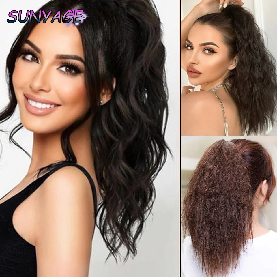 SUNYAGE-Peluca de cola de caballo rizada ondulada sintética con Clip, extensión Natural, cabello largo y rizado