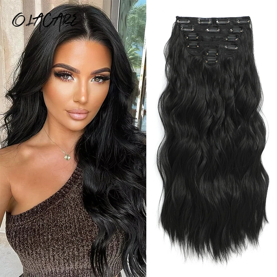 

7Pcs/Set 30Inch Synthetic Hair Clip In Long Wavy Thick Hairpieces For Women Full Head Synthetic Hair Extensions Ombre Hairpieces