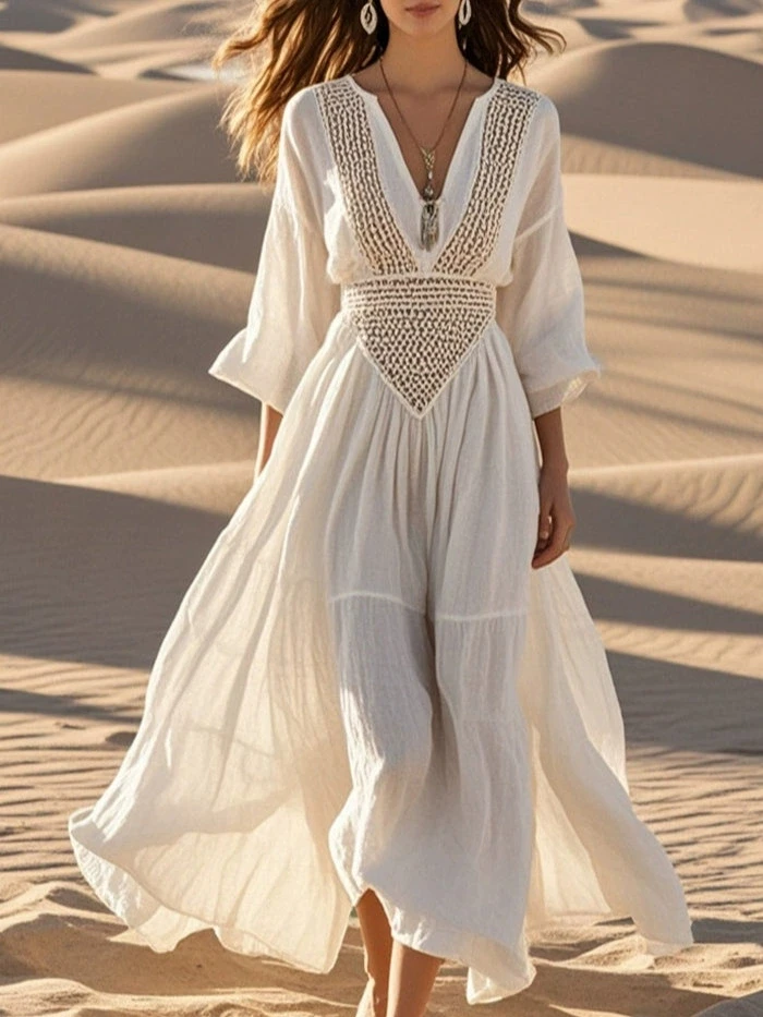 

Boho Solid Hollow Out Dress For Women Fashion Three Quarter V Neck High Waist Loose Vestidos Dresses Robe Femme Holiday Clothes
