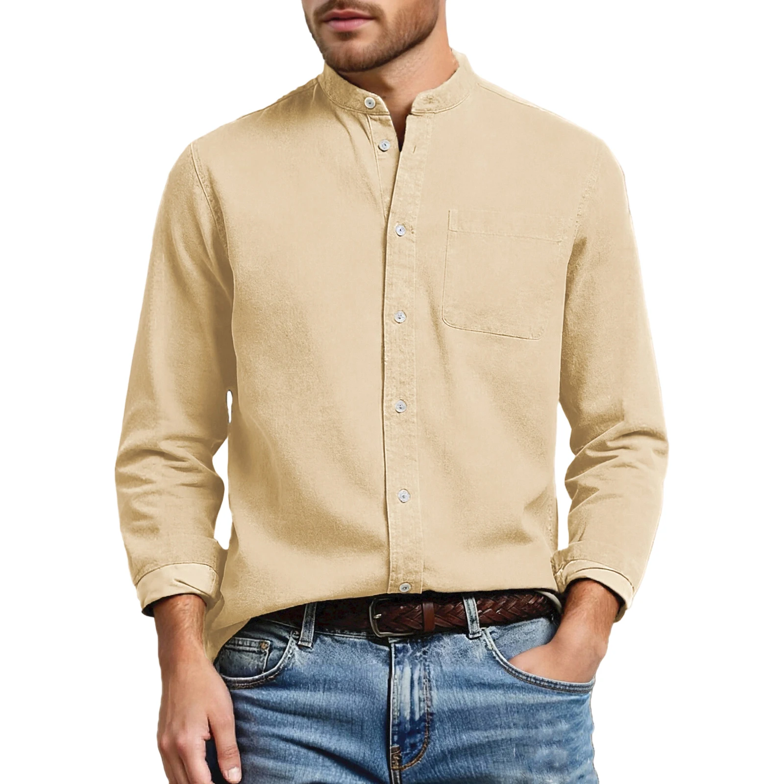 

Classic Men's Stand Collar Shirt Fashionable Casual Solid Color Long Sleeve Button Down Tops