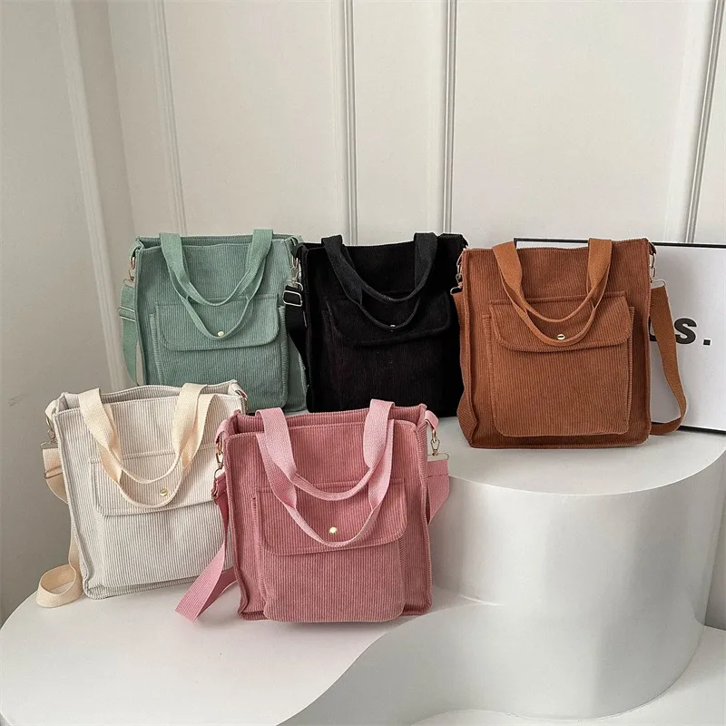 

High Quality Preppy Style Corduroy Women's Tote Bags Casual Soft Premium Ladies Crossbody Shoulder Bags Shopping Handbag