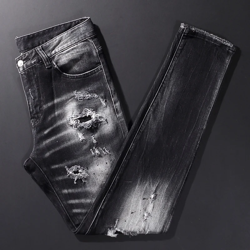 Men Black‑Grey Horizontal Bleach Wash Multi‑Position Frayed Ripped Stretch Skinny Denim Jeans Hip‑Hop Streetwear Denim Jeansy2k