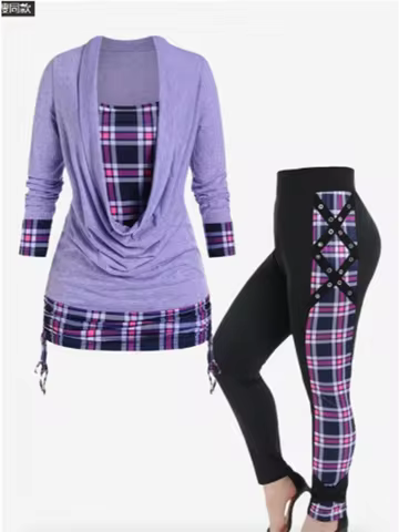 Japanese Harajuku Y2K 2000S Clothes Purple Patchwork Grid Pleated T-Shirt Slim Pants Suit Shoujo Girl Aesthetic 2 Pieces Set