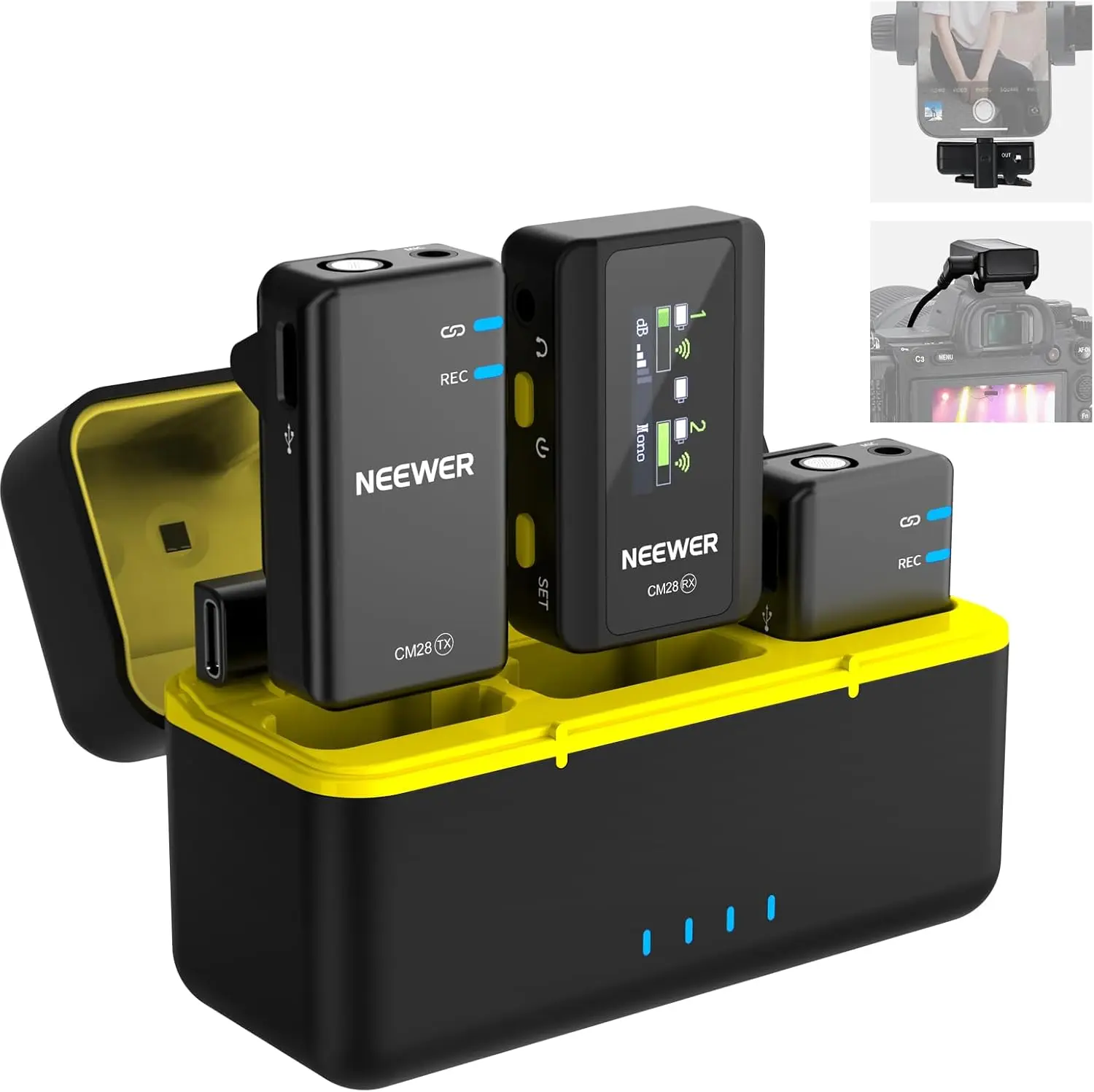 NEEWER CM28 Kabelloses Lavalier-Mikrofonsystem, integriertes Ladegehäuse, Geräuschunterdrückung, 4 GB Speicher, 48 kHz unkomprimierte Audioaufnahme, kompatibel mit iPhone, iPad und weiteren Geräten