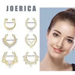 6 stylish 316L stainless steel inset Zircon Opal false nose rings, piercing free, clip-on diaphragm rings for women and men