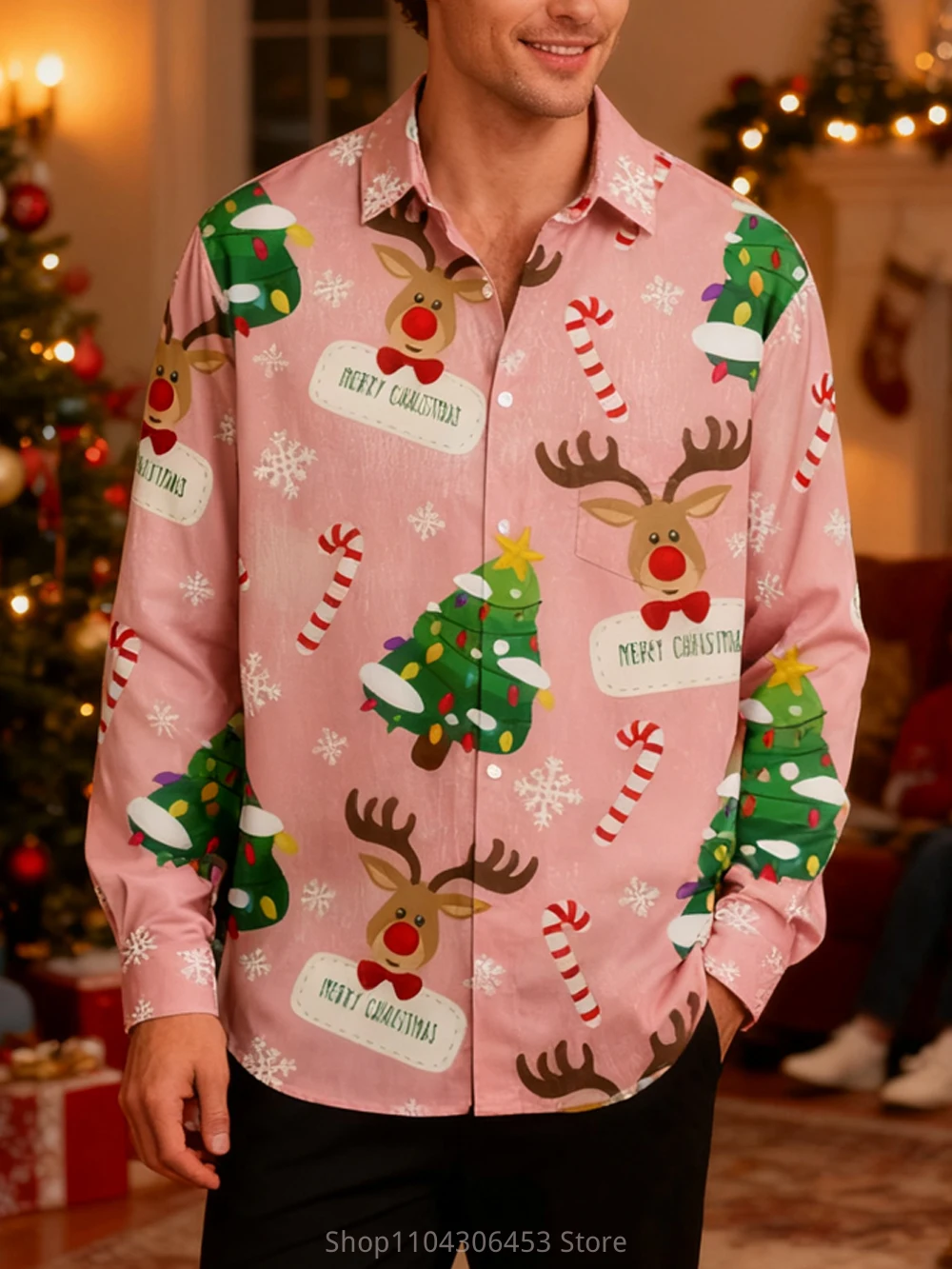 Men's Christmas New Year Reindeer Turkey 3D Printed Lining Holiday Party Funny Pattern Shirt Men's Autumn and Winter New Casual