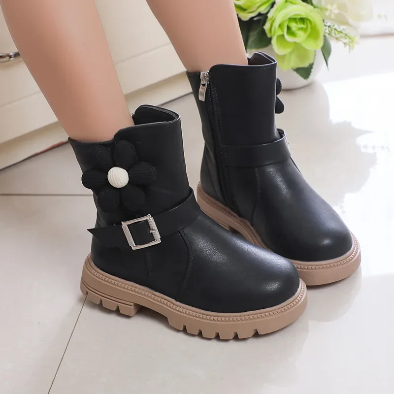 New Kids Outdoor PU Leather Boots Boys Girls Casual Warm Snow Boots Student Flat Non-slip Shoes Children's Low-top Warm Shoes