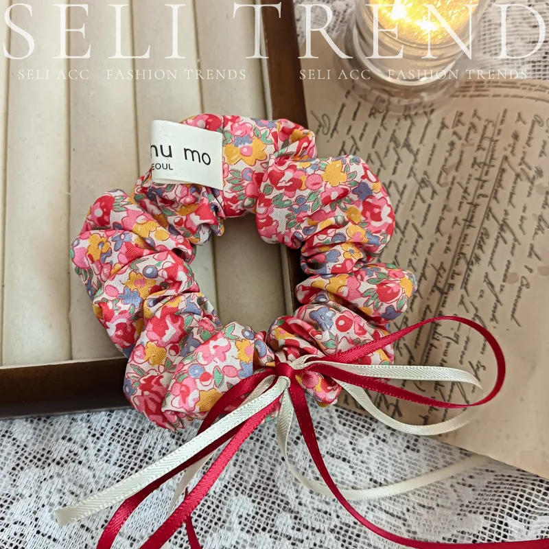 French Fashion Plaid floralScrunchies for Hair  bow ribbon French girlish ponytail tie hair accessory versatile Hair ties