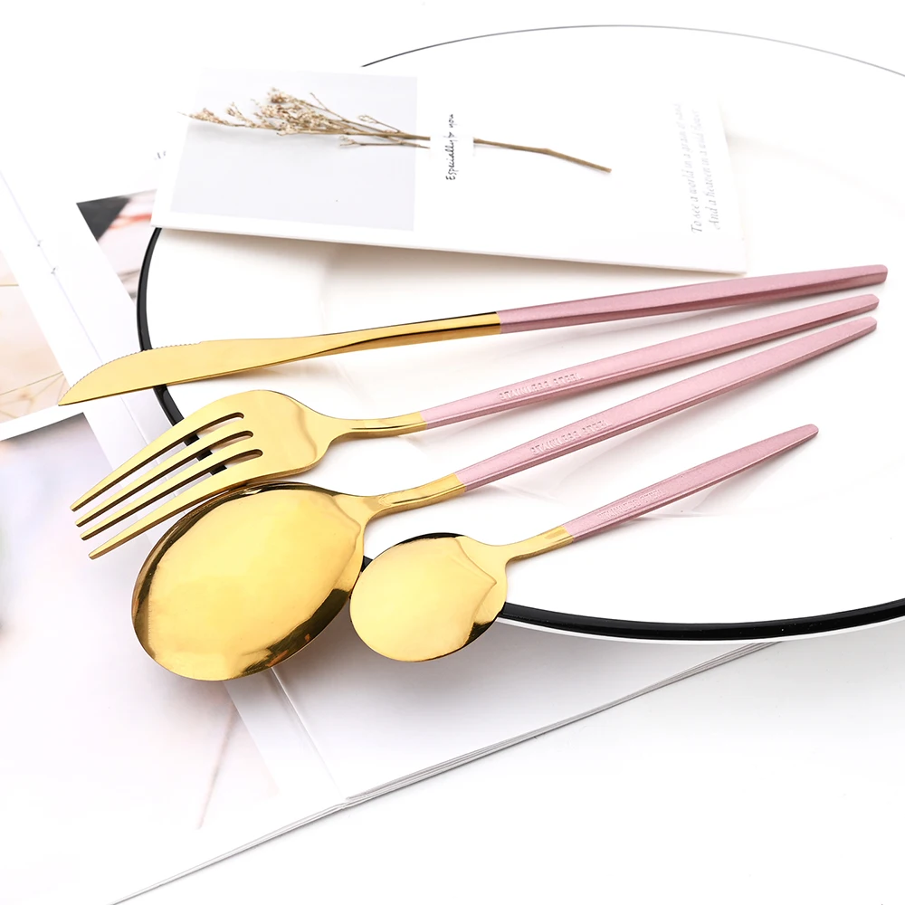 Pink Gold 40Pc Knife Fork Spoon Teaspoon Cutlery Set Mirorr Stainless Steel Dinnerware Western Restaurant Kitchen Silverware Set