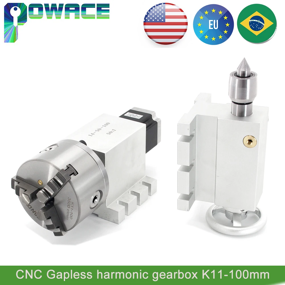 Réducteur harmonique CNC sans écart, boîte de vitesses 50:1, quatrième 4ème axe A, axe rotatif K11-100mm, tête de division de mandrin + contre-pointe MT2