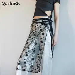 Sequined Skirts Women Lace Harajuku Midi Embroidery Korean Fashion Gentle Design Female Clothes Lace Up All-match Floral Chic