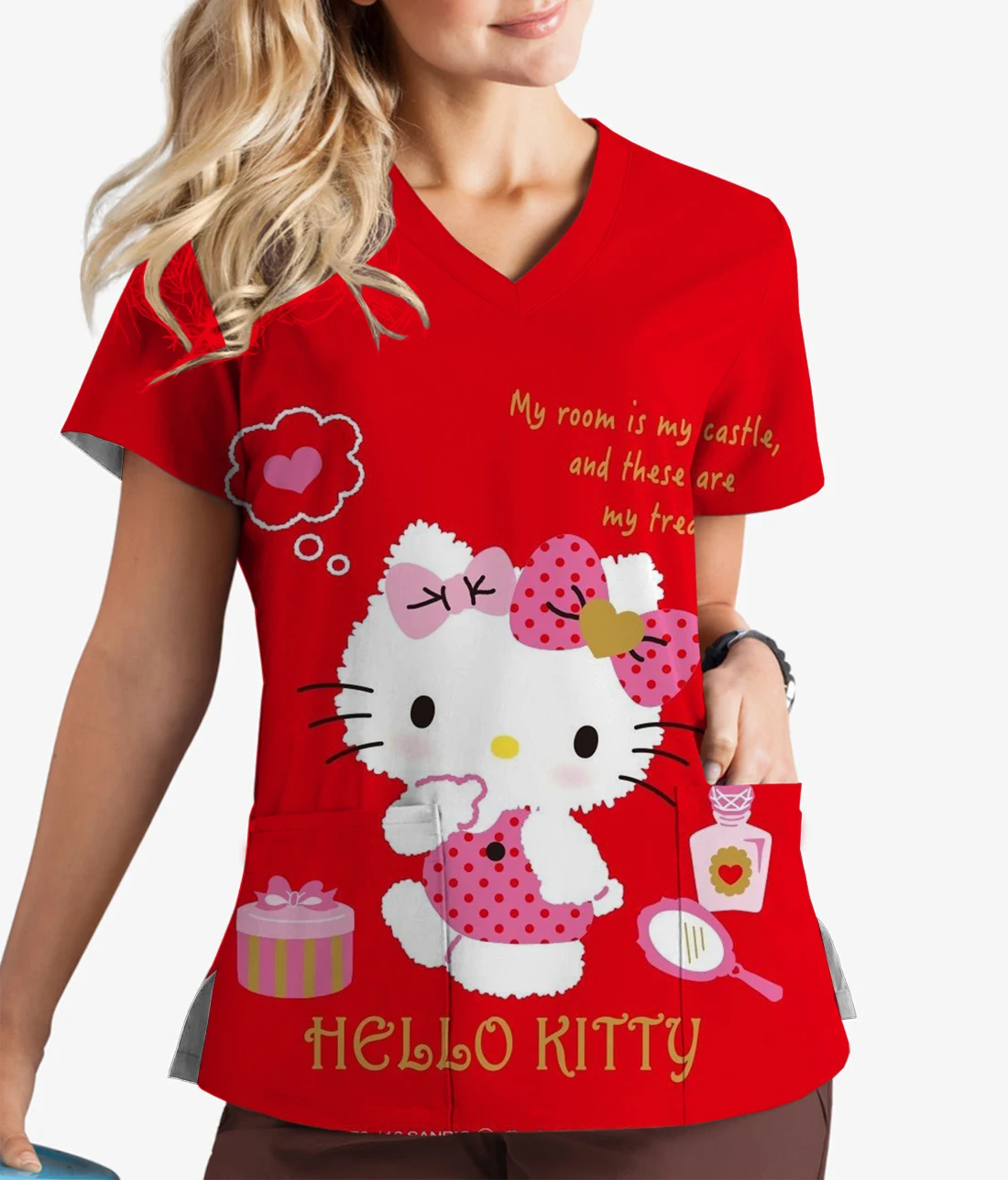 ディズニーシリーズハローキティプリントナース作業服、半袖ペット歯科医、医療、クリスマス、夏