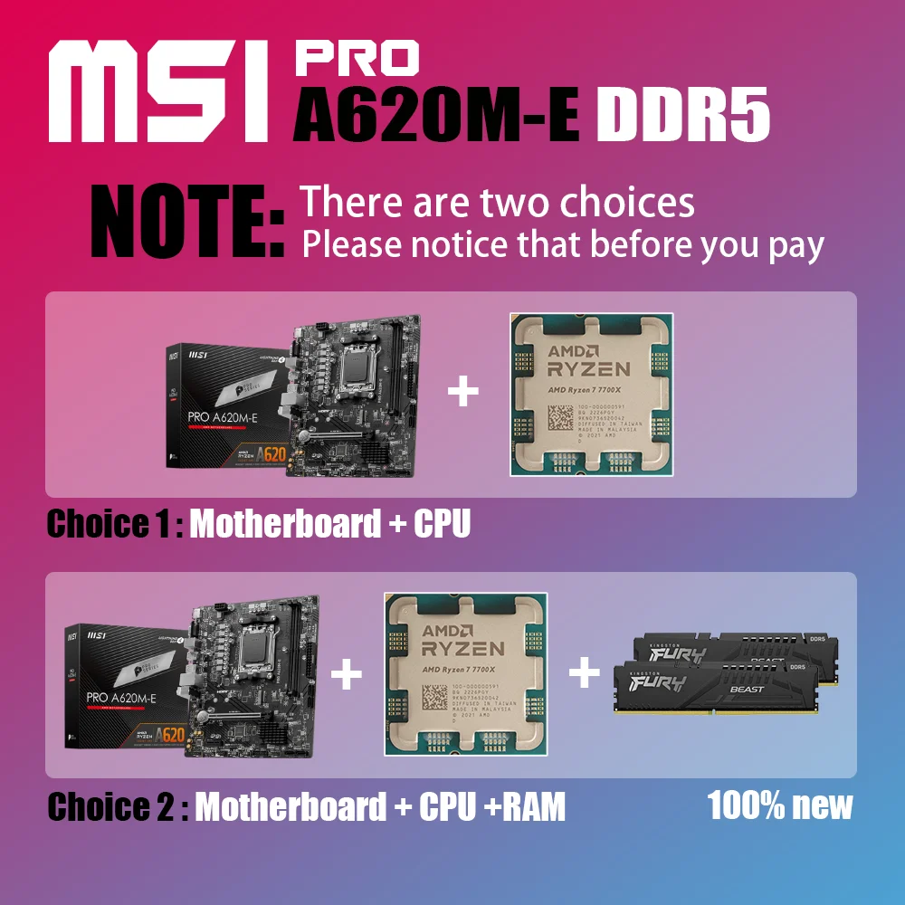 New Kit MSI PRO A620M-E DDR5 With AMD Ryzen 7 7700X Processor DDR5 Memory Motherboard AM5 RGB Combo mATX