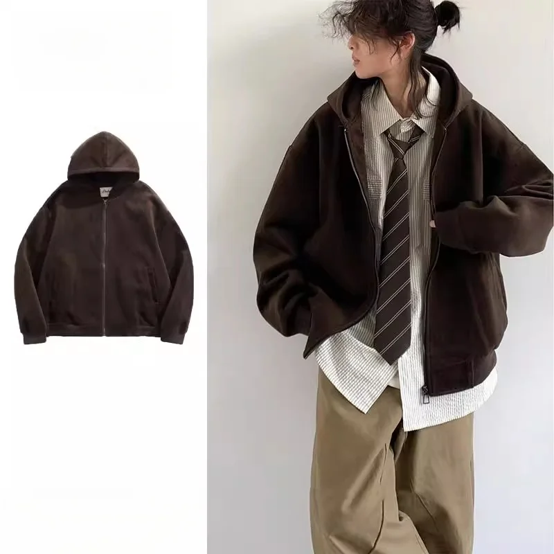 

Retro Japanese Sle Autumn Winter Woolen Coat Men's Casual Loose Hooded Jaet Outerwear Trendy V-Ne ort Length Polyester