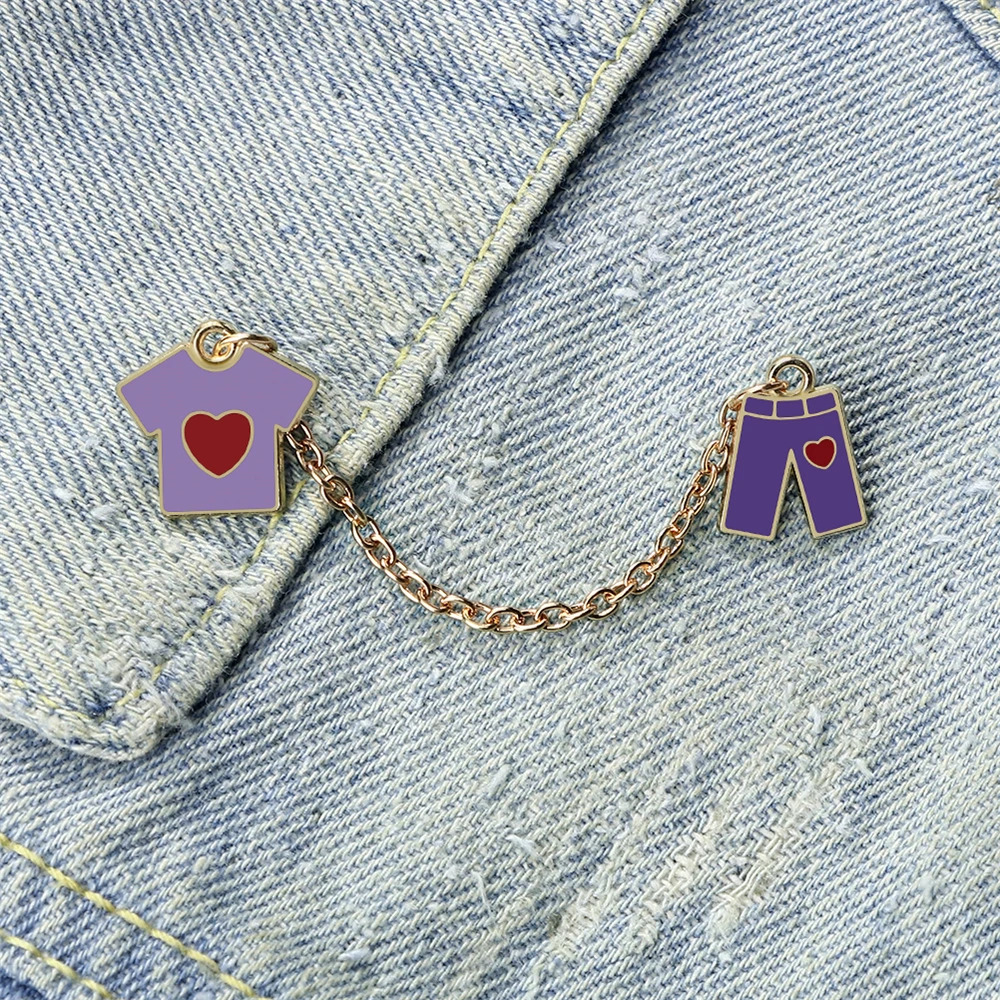 Funny Purple T-shirt and Pants Brooches Cute Cartoon Alloy Enamel Pin Bag Denim Cloth Custom Badge Jewelry Gift for Kids Friends