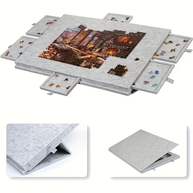 

1 Set Portable Puzzle Storage Table with 6 Foldable Boxes & Felt Mat, Organizer for 1000+ Pieces, Multi-Functional Desk