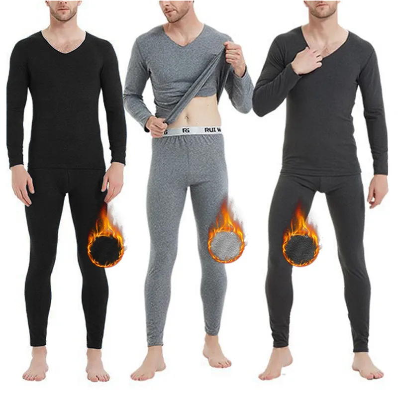 Men's Winter Thermal Underwear Tops Thickened Warm Sweatshirt Solid Color V-neck Base Shirt Men's Home Thermal Pajama Set