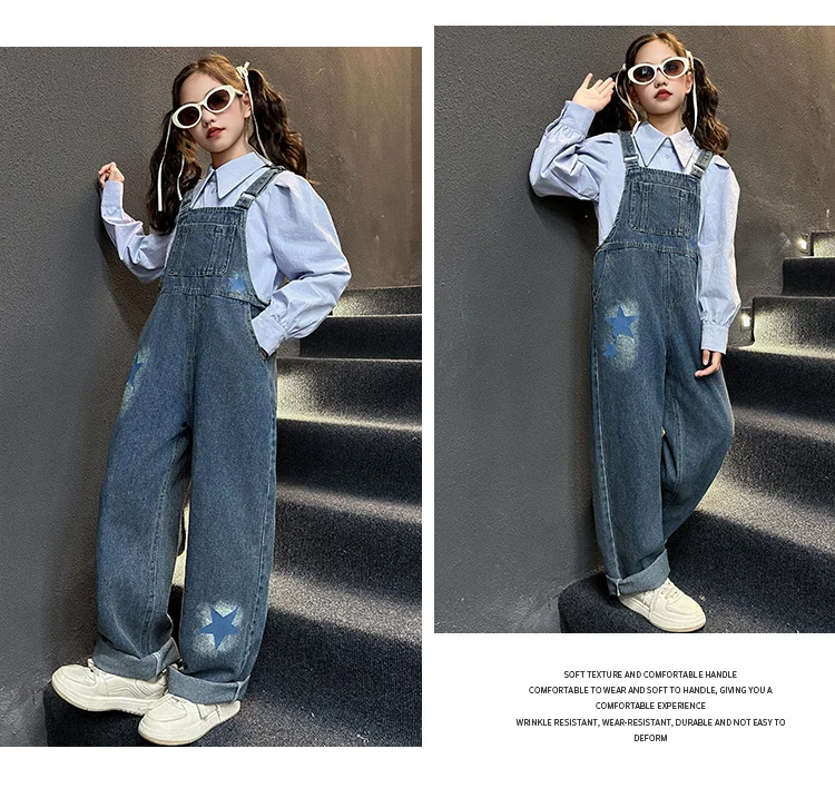 Modische Kinder-Jeans-Overalls für Babymädchen, Blaue Denim-Latzhose mit Trägern, Größe 5 6 7 8 9 10 11 12 13 14 – Detail 7