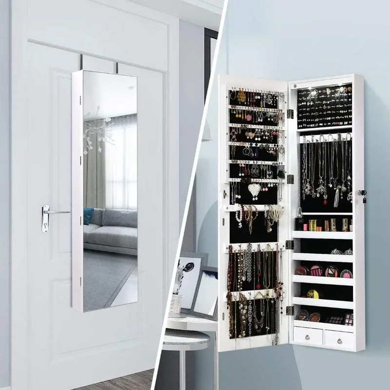 Wall Door Jewelry Armoire Cabinet with Full-Length Mirror, 2 LEDs Lockable Large Storage Jewelry