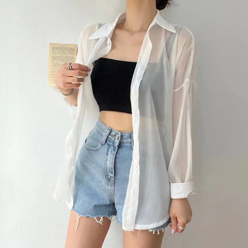 Korean Chiffon Women Shirt Sweet Thin Chic Long Sleeve Female Casual Blouse Summer New Folds Loose All Match Button Ladies Tops