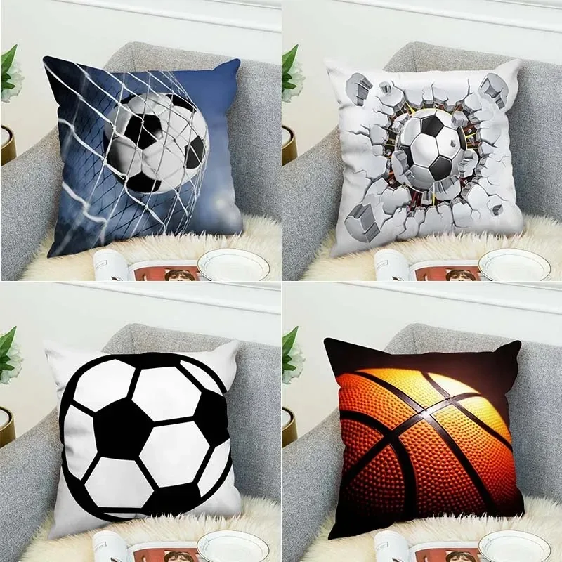 Sports Ball Print Pillowcase Set - Soccer & Basketball Polyester Cushion Covers for Boys Bedroom Man Cave Sofa Decor