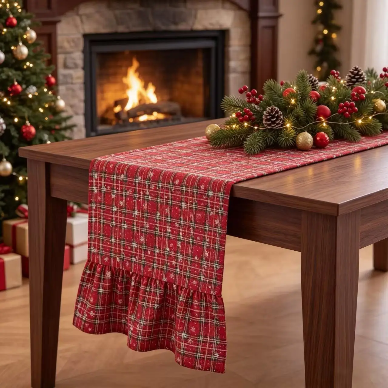 Christmas Plaid Table Runner with Ruffled Trim – For Dining Tables, Fireplace Mantels, and TV Stands