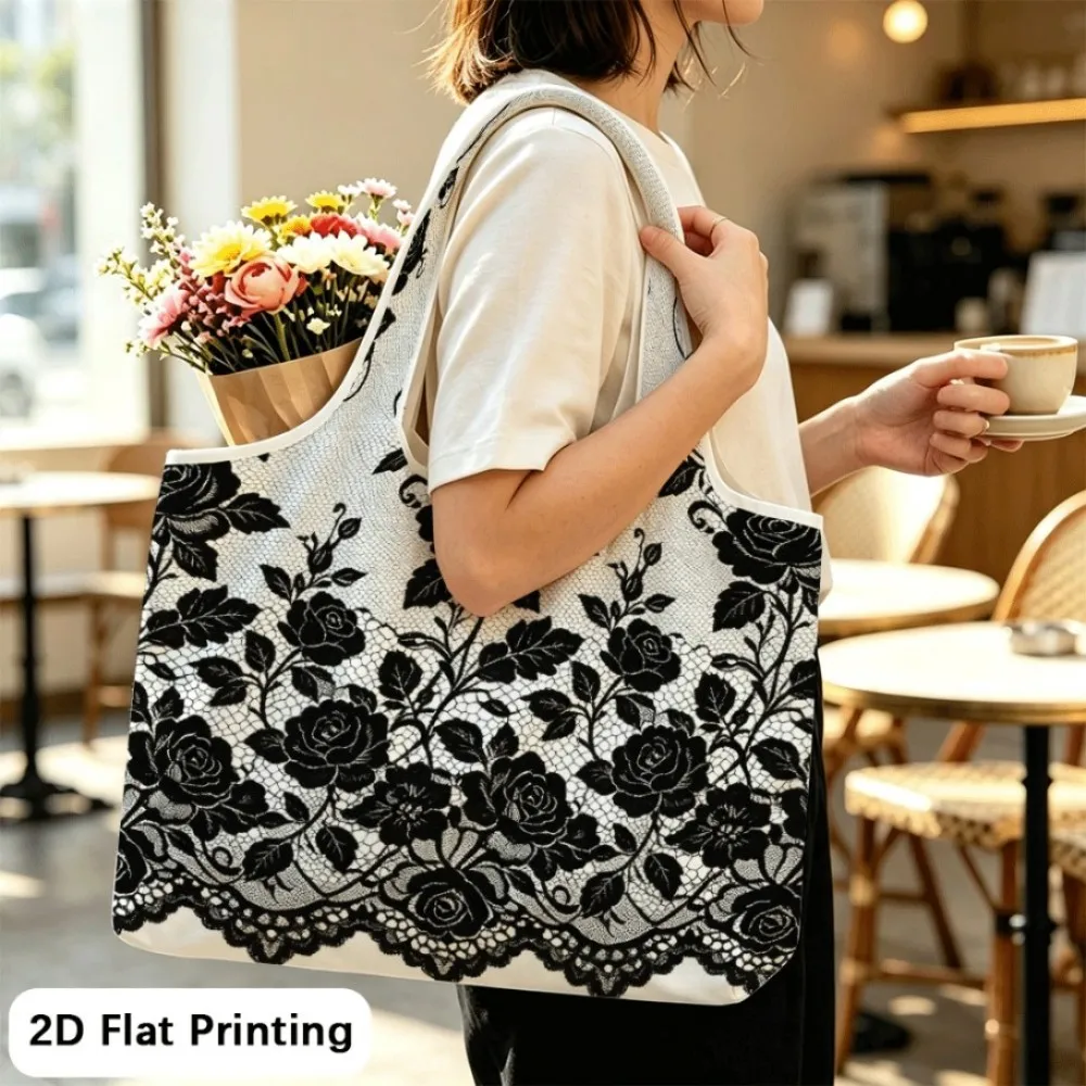 Black roses lace texture Foldable tote bag, convertible shoulder bag for daily errands.