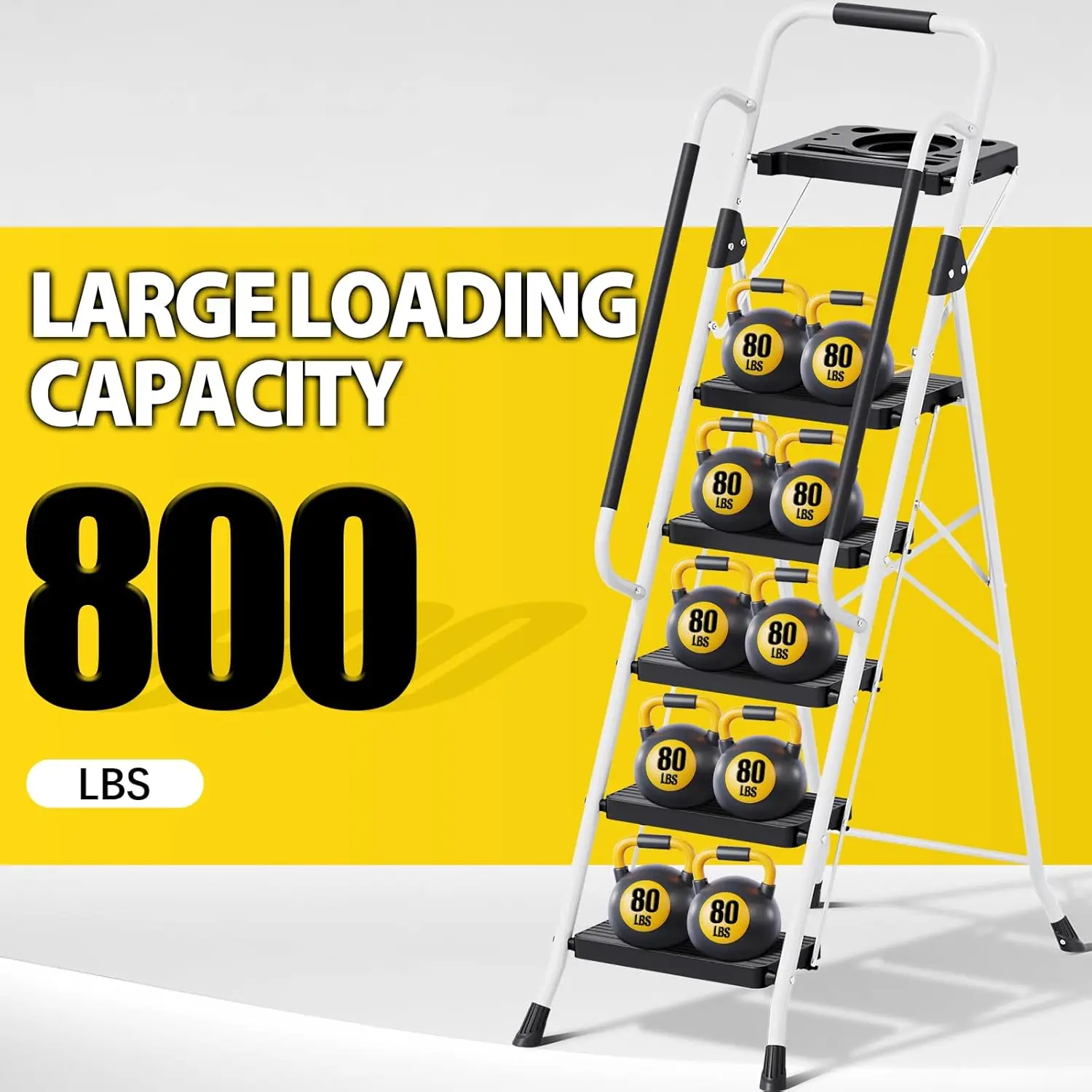 Folding 5-Step Ladder, 800 lbs Capacity Step Stool with Safety Lock, Tool Tray, Non-Skid Wide Steps, Handrail, Household Folding