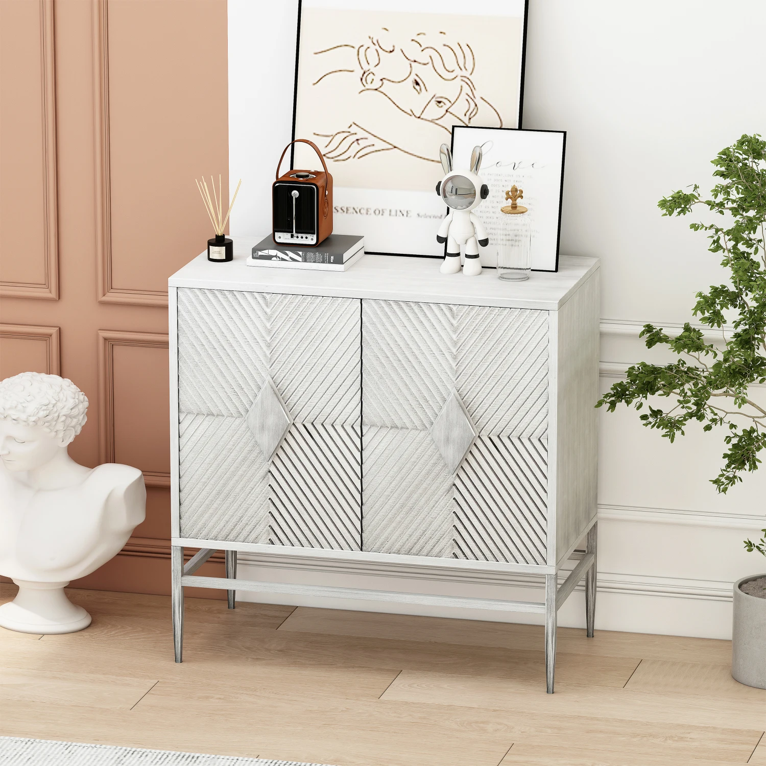 

Modern 2 Door Wooden Storage Cabinet with Metal Leg, Two-tier Storage, Living Room Accent Cabinet, White Washed