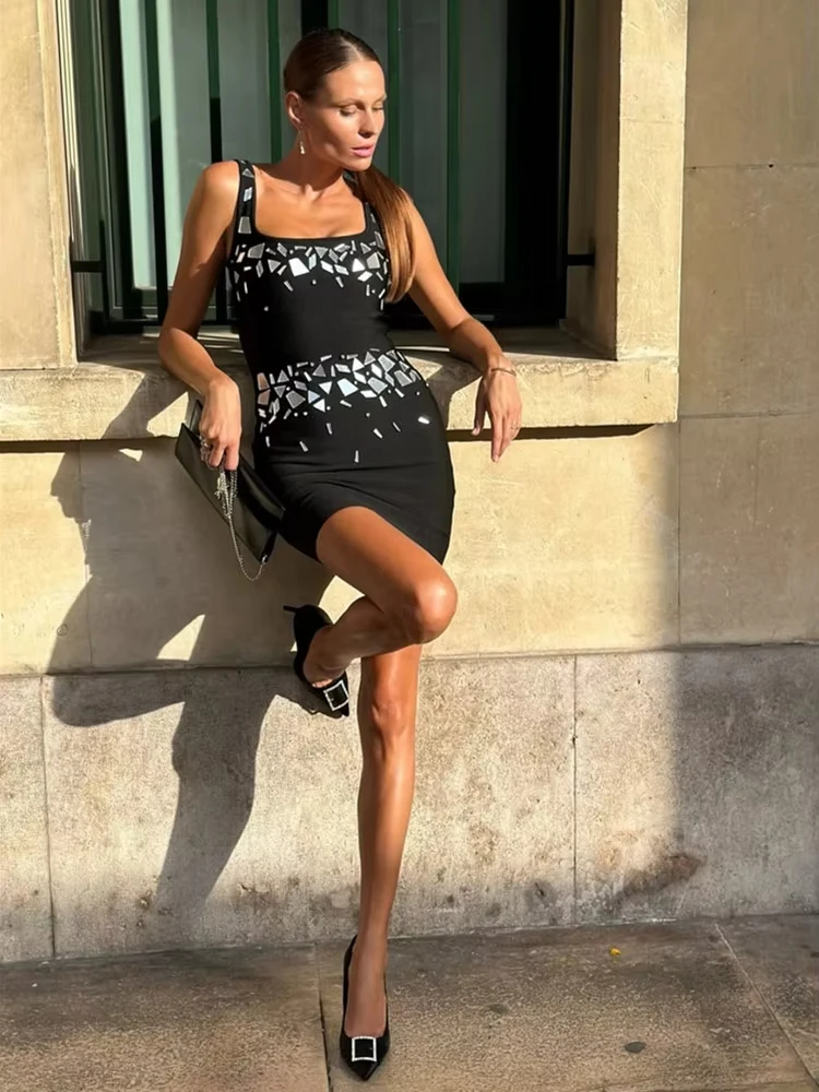 

2025 Women Sexy O Neck Sleeeveless Mirror Black Summer Bodycon Bandage Dress Elegant Evening Club Party Dress