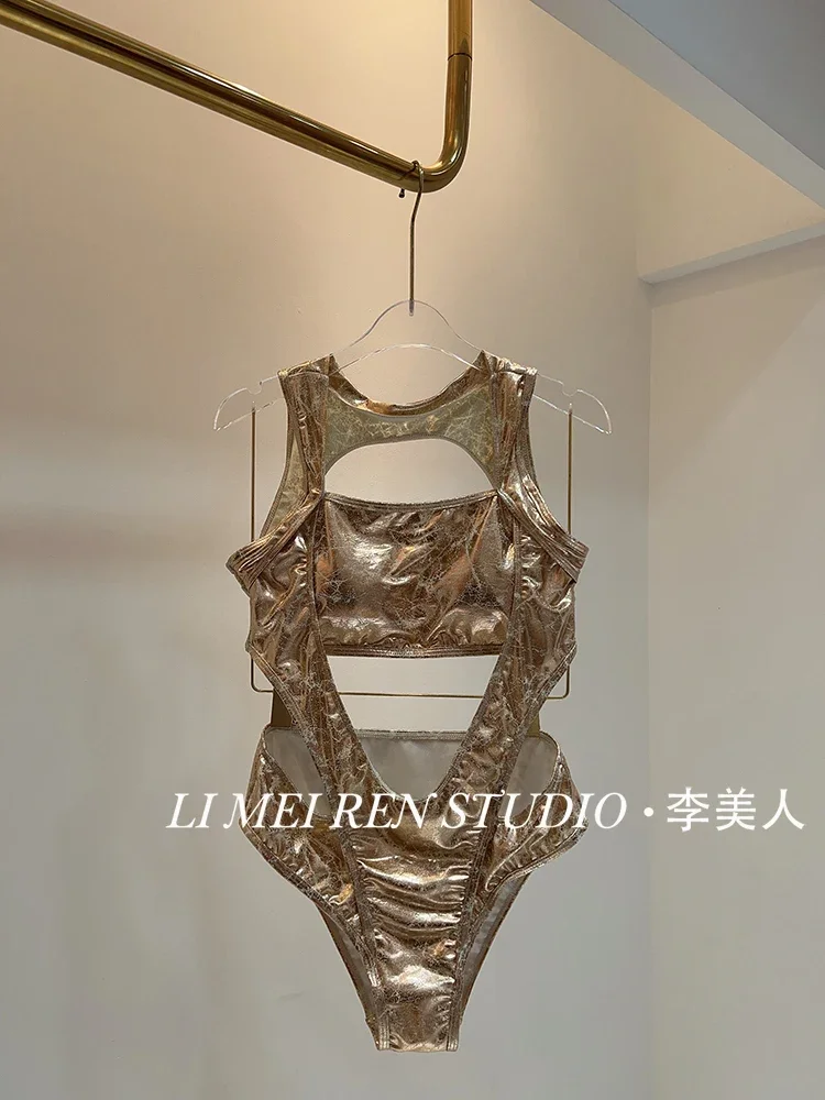 New haute couture sexy hot girl hollowed out champagne gold bikini one-piece swimsuit