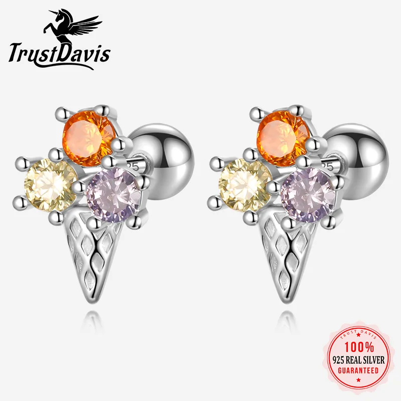 TrustDavis Girls 925 Sterling Silver Ice Cream CZ Bead Screw Stud Earrings for Daughter Children Birthday Gift Jewelry DS4150