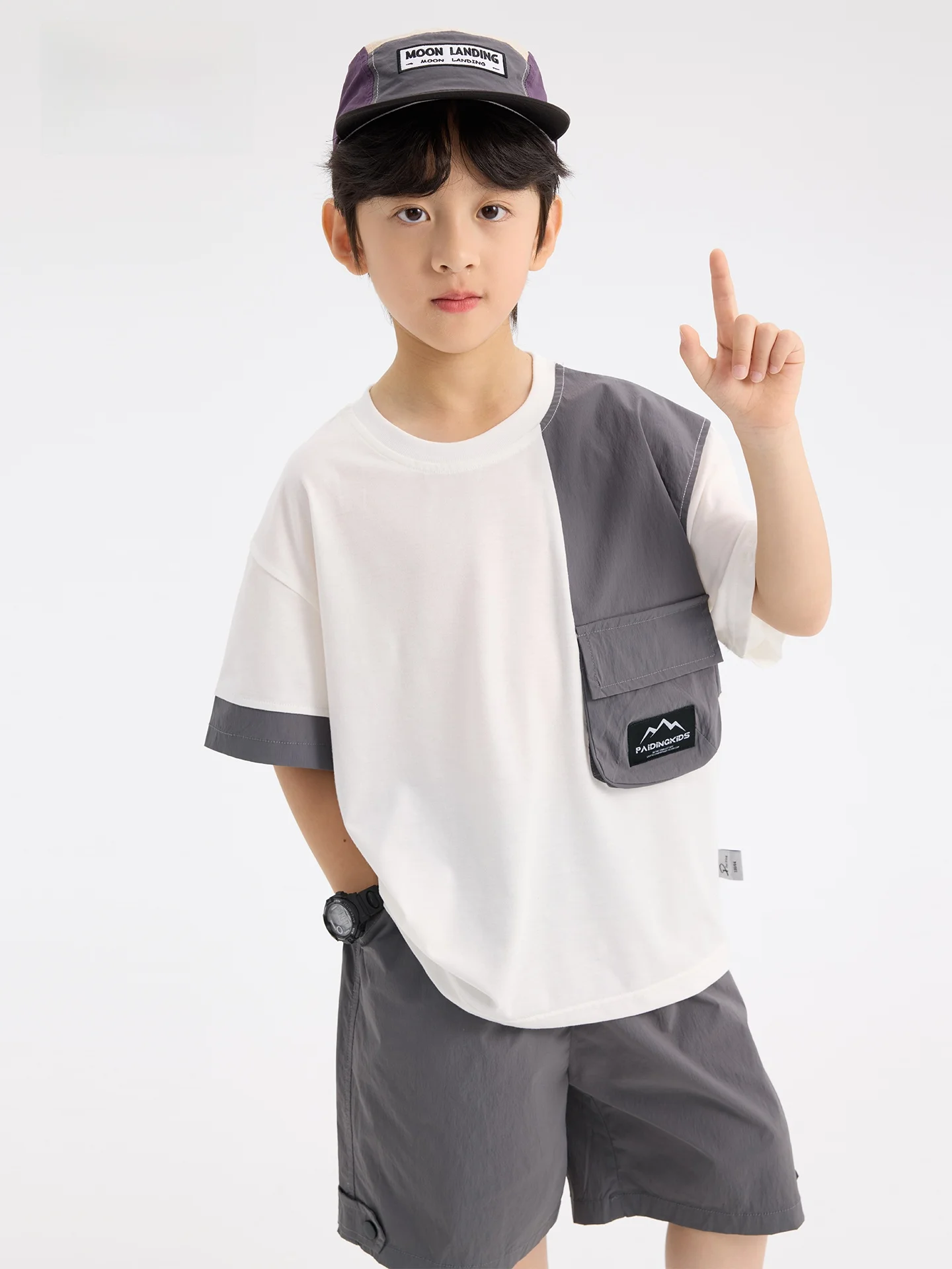 casual-summer-two-piece-set-for-boys-short-sleeve-patchwork-shorts-polyester-regenerated-cellulose-fiber-cool-feeling-no-hat